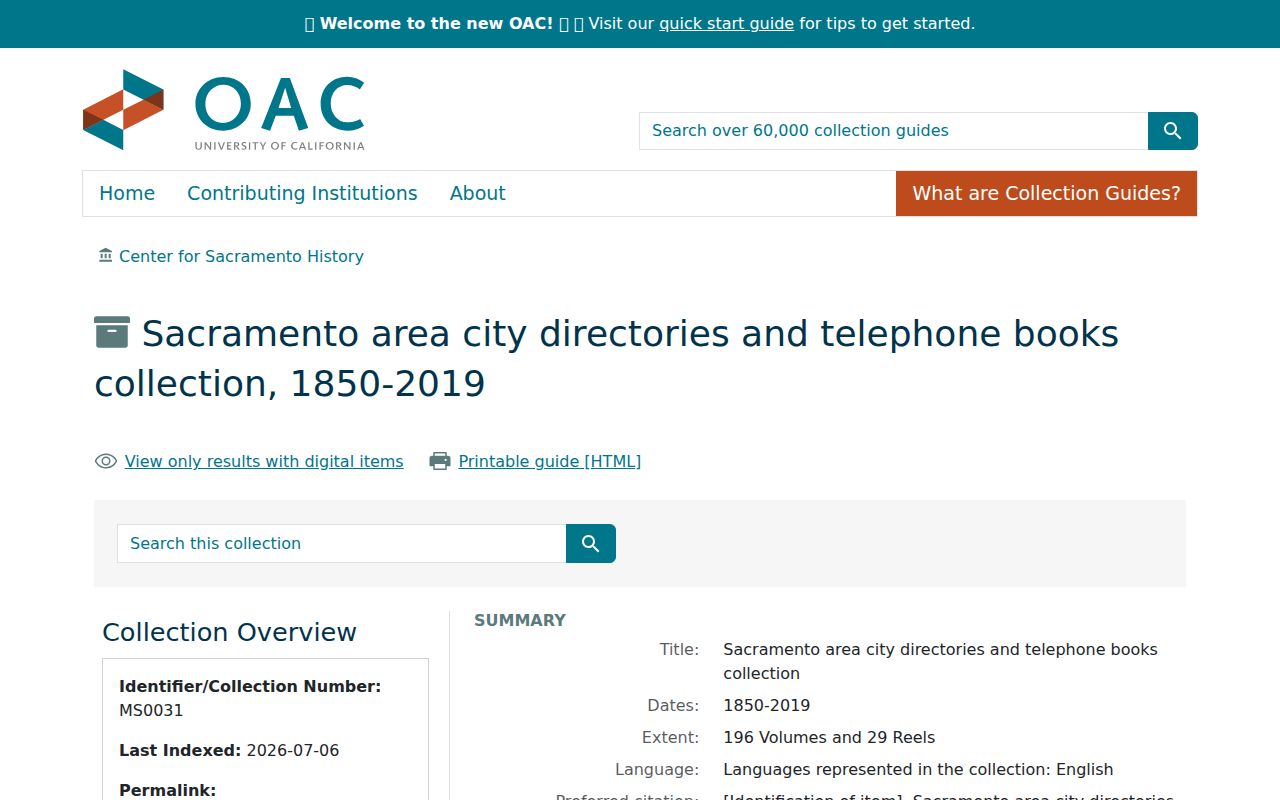 Sacramento city directory and telephone book finding aid