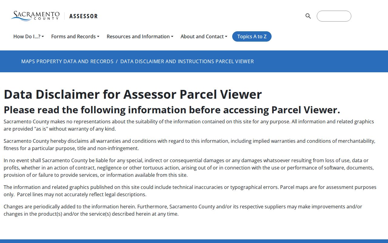 Sacramento street directory Parcel Viewer instructions and address search context