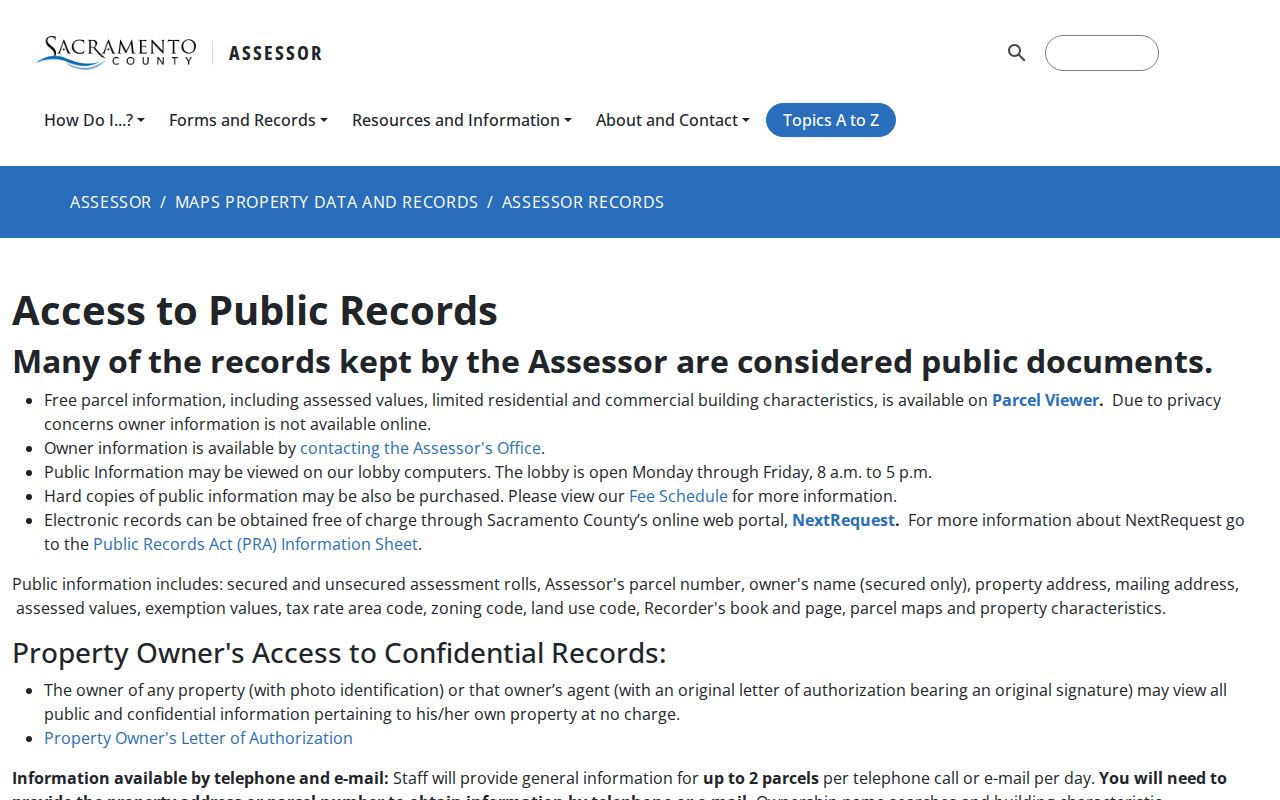 Sacramento street directory public assessor record fields and access guidance