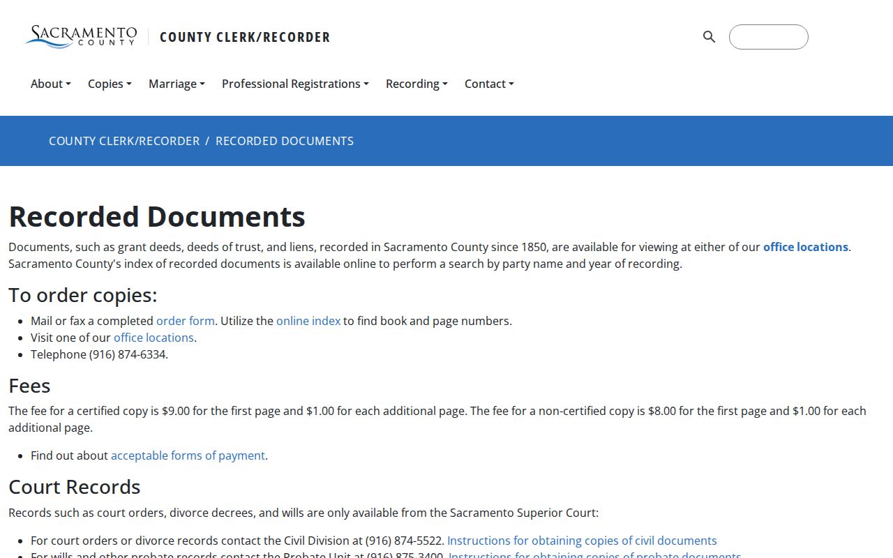 Sacramento street directory recorded document copy ordering options